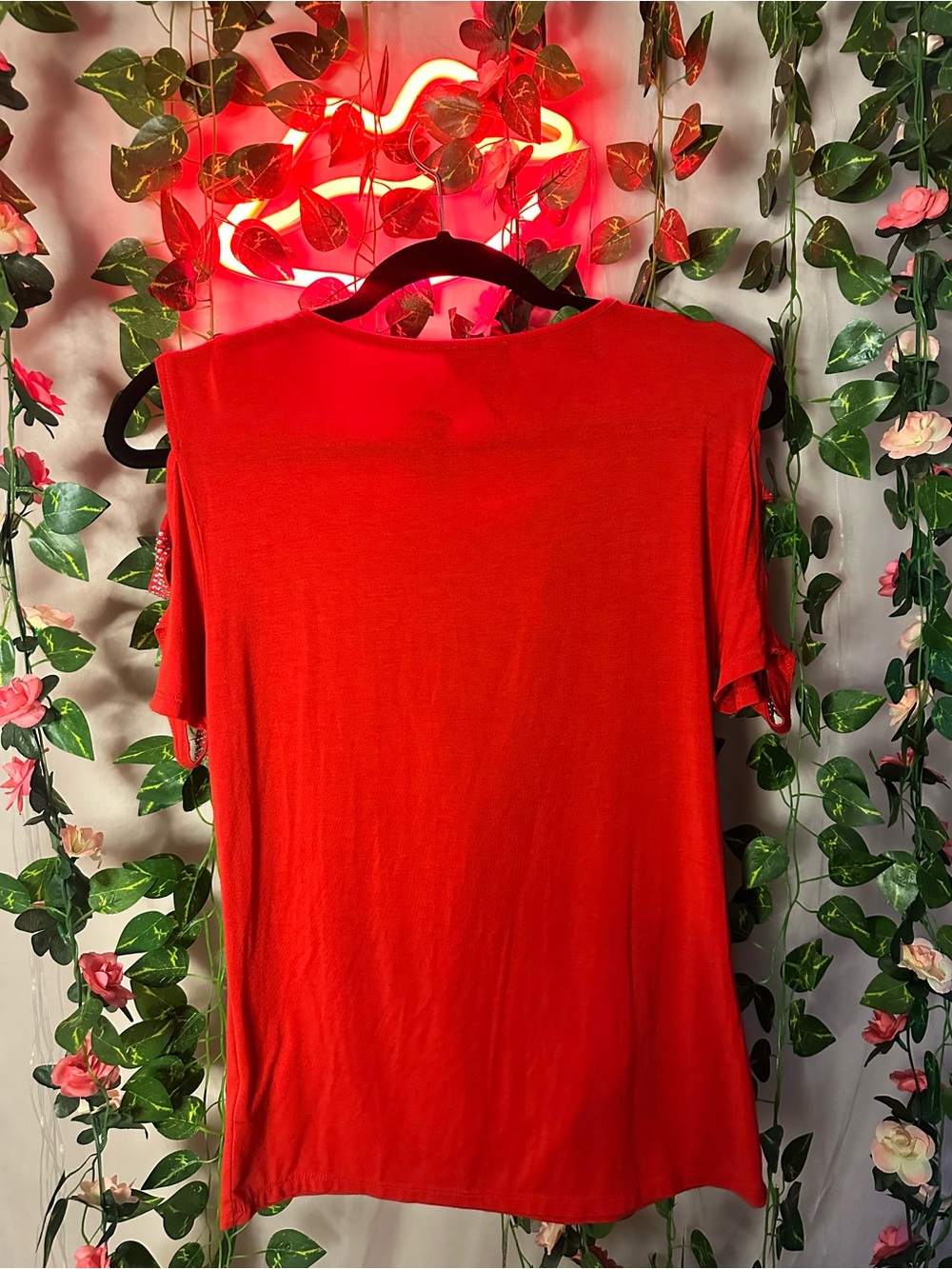 bebe Red Crystal Logo Cold-Shoulder Top - Picture 5 of 5